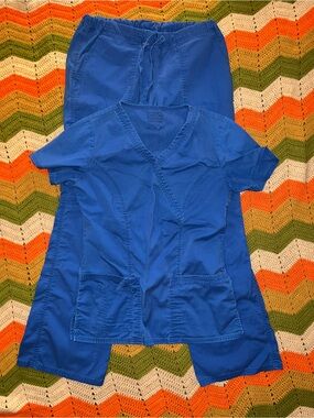 Cherokee Workwear Core Stretch Scrub Set Short Sleeve Flare Pants Royal Blue XS